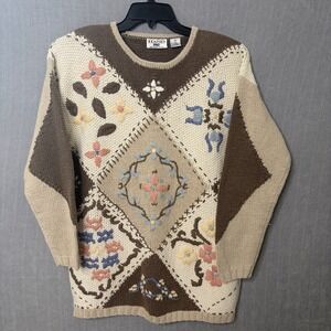 Women's Hand Knitted Grandma Floral Embroidered Chunky Knit Sweater Size Medium